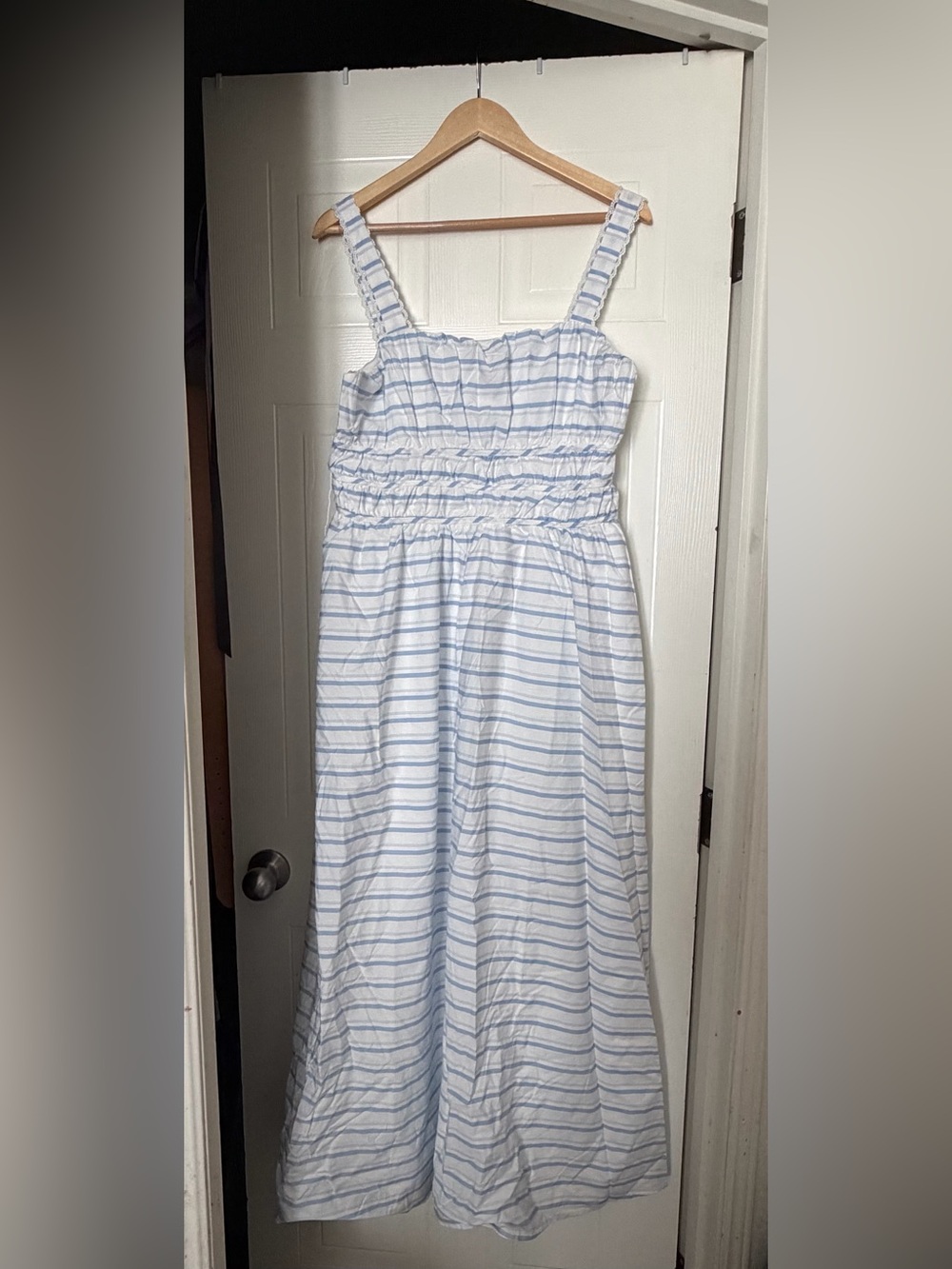 Altar'd State White Maxi Dress with Light Blue Stripes